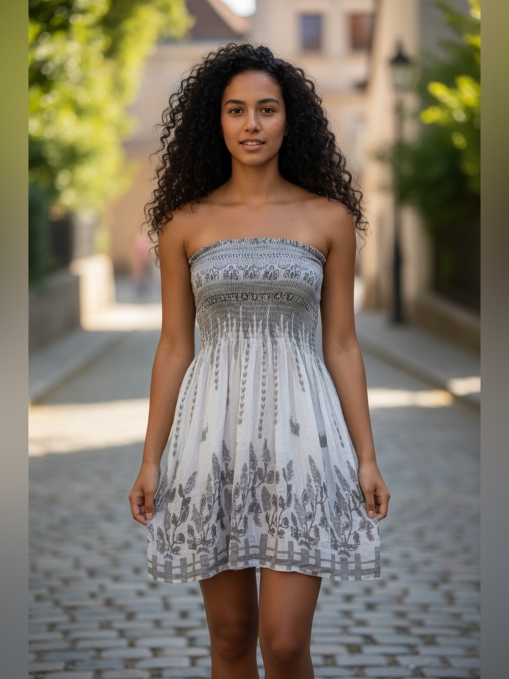 Strapless Smocked Tube Dress Grey Floral Boho Sundress OS